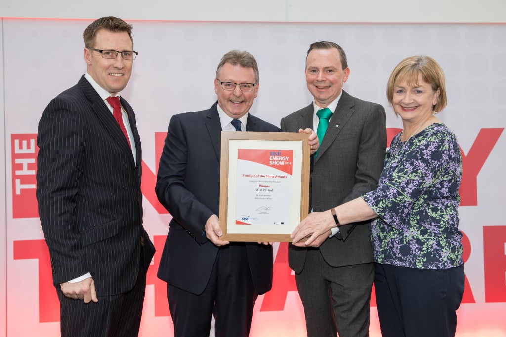 19-4-18 Picture shows Winners of the Best Innovative Product at the SEAI Energy show from left ; member of judging panel David Doherty; winners Derek Elton; and Michael O'Herlihy of Wilo Ireland ; Majella Kelleher, SEAI .Pic:Naoise Culhane-no fee