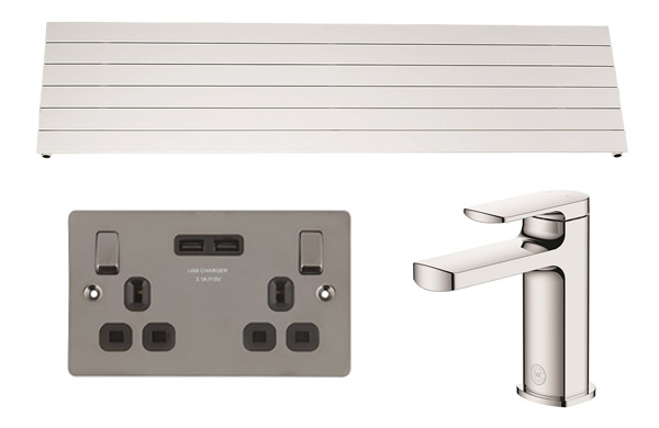 Screwfix summer catalogue (Top: Ximax Oceanus Universal Designer Radiator; Left: LAP 13A 2G SP Switched Socket + 3.1A 2G USB Charger; Right: Watersmith Heritage Clyde Basin Mono Mixer Tap)
