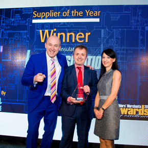 Knauf Insulation Supplier of the Year Award Tim Vine, John Gaunt Commercial Manager at Knauf Insulation and Lucia Distazio from MRA Marketing