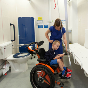 Sarah and Hadley using a Space to Change toilet at Portsmouth International Port